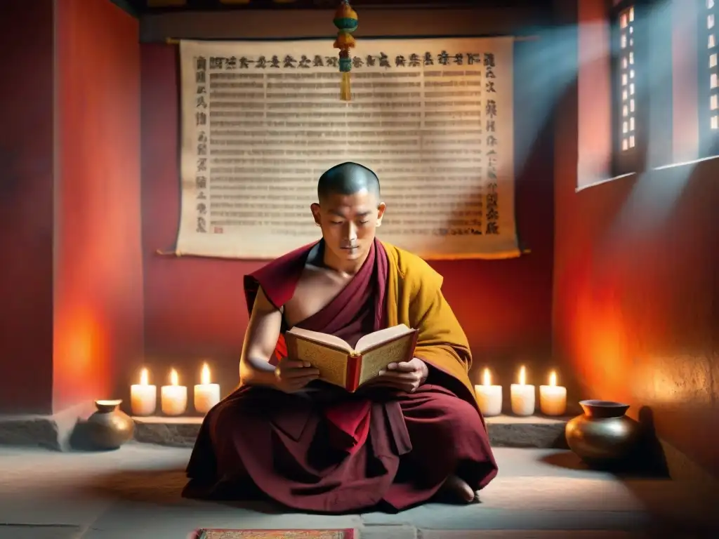 Un monje tibetano lee textos antiguos en un monasterio iluminado por velas