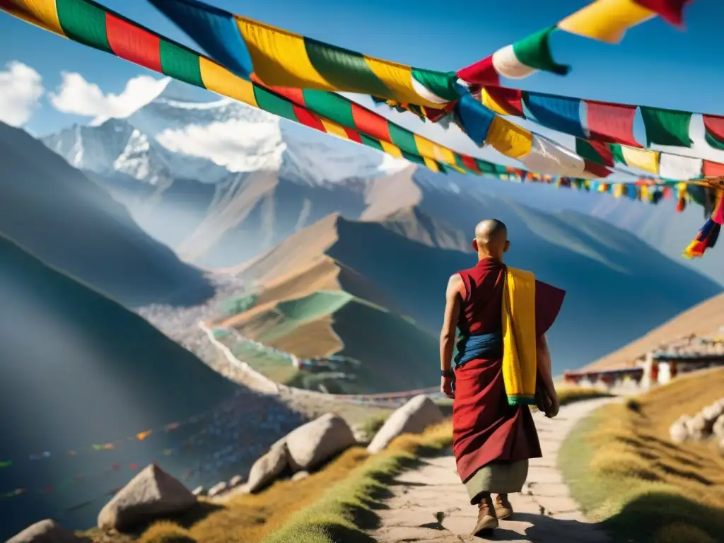 Un monje tibetano en vestimenta tradicional camina entre banderas de oración en los Himalayas