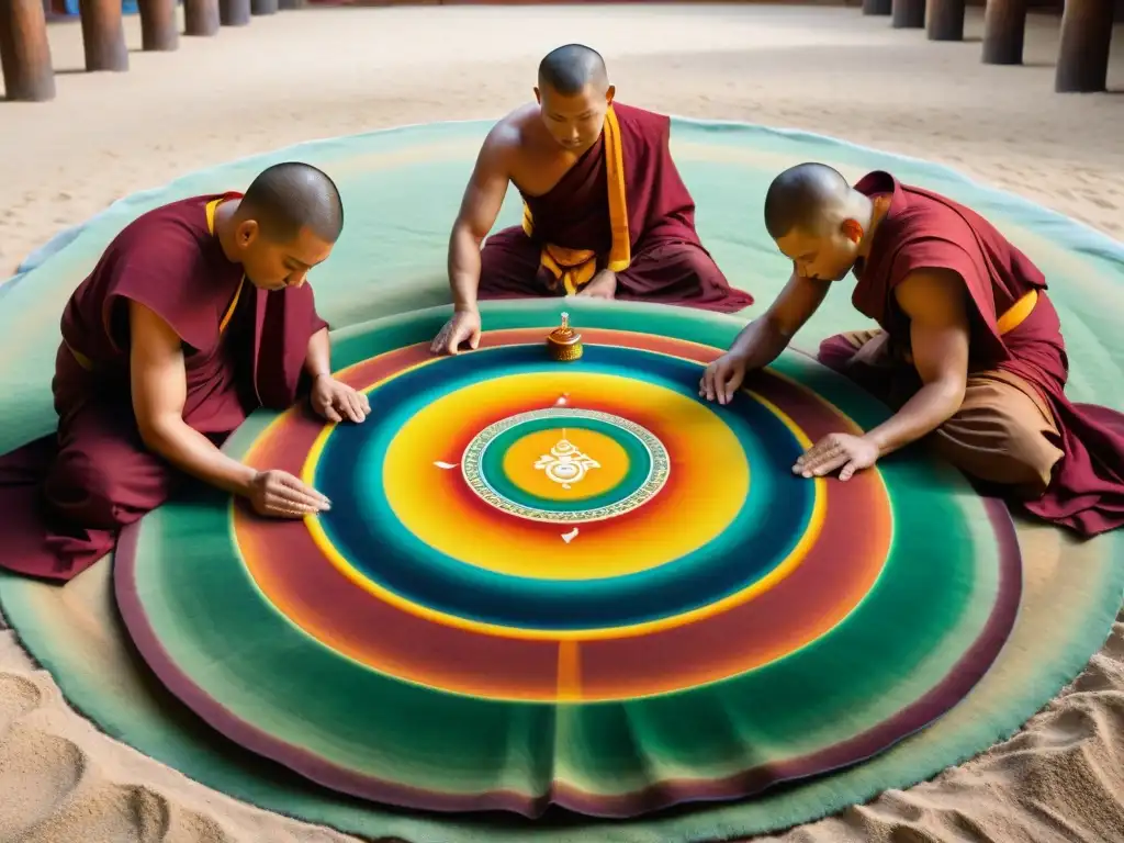 Monjes budistas crean mandala de arena, reflejando el calendario budista y su significado