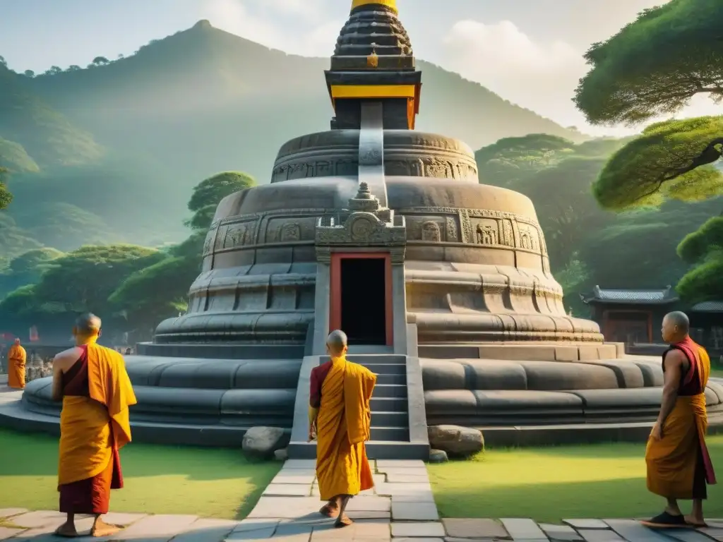 Monjes budistas restaurando un estupa centenario, en armonía con la naturaleza y símbolos sagrados