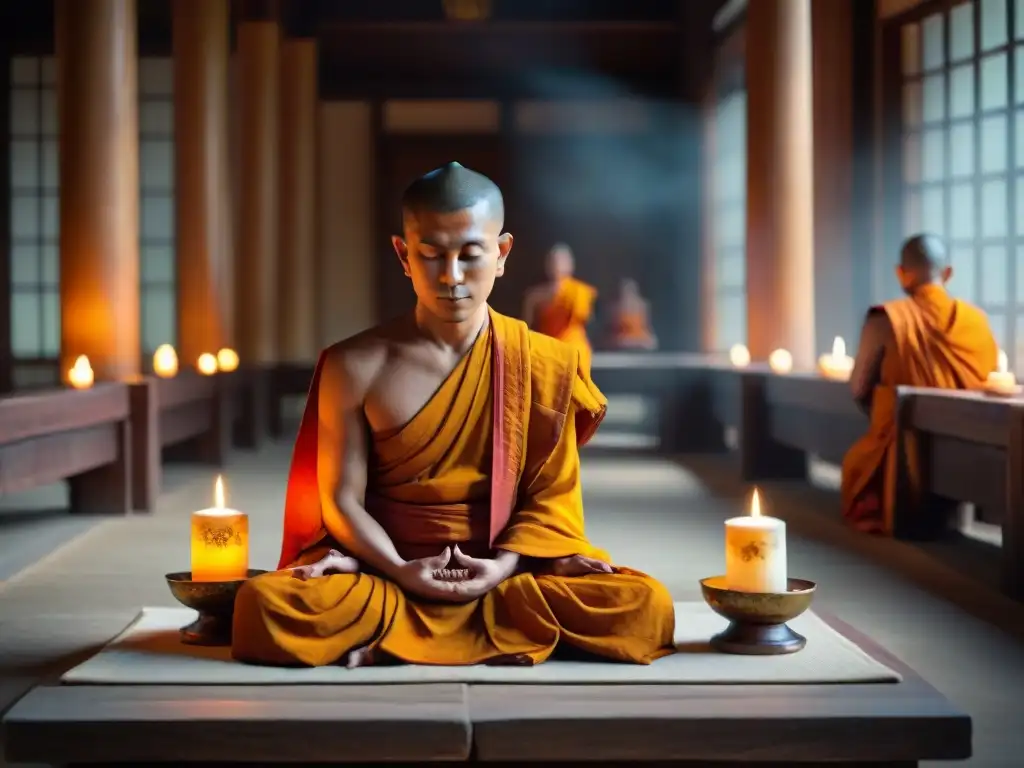 Monjes budistas en meditación, iluminados por una vela en un templo