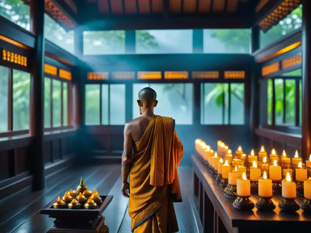 Monjes budistas en oración al amanecer, con lámparas de mantequilla brillando en templo sereno