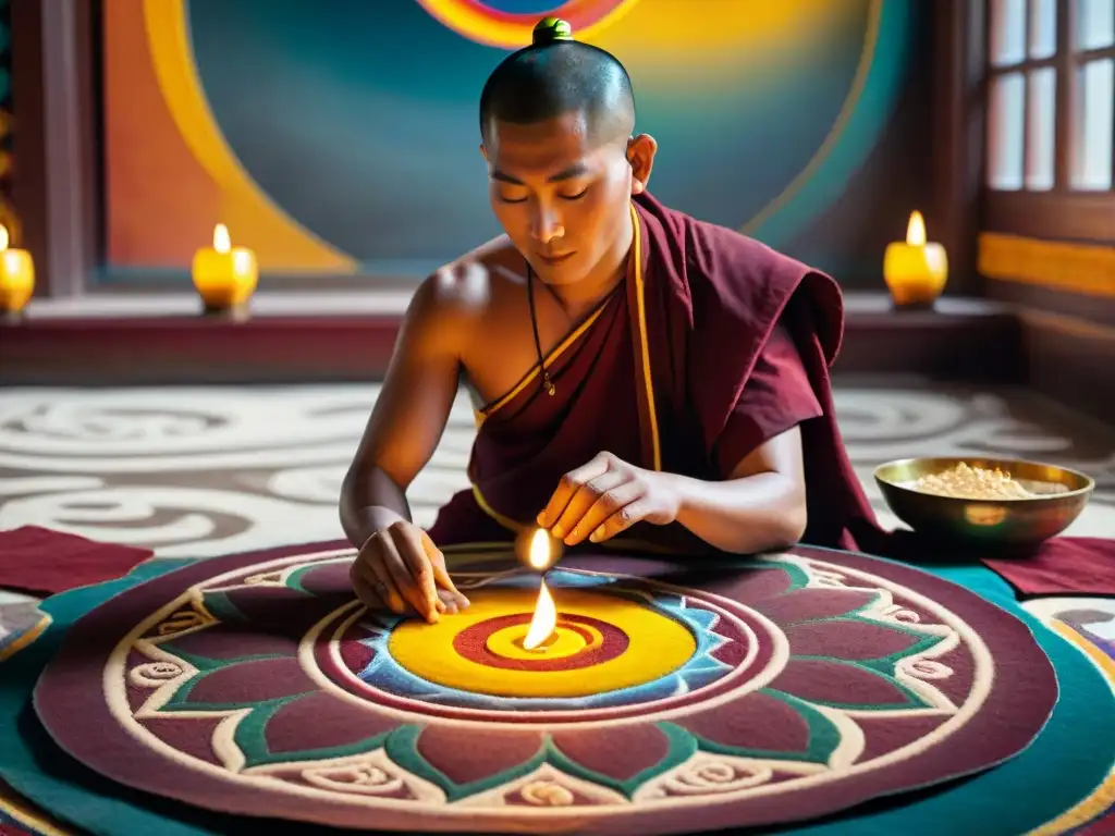 Monjes budistas tibetanos crean mandala de arena con símbolos de reencarnación en Budismo Tibetano