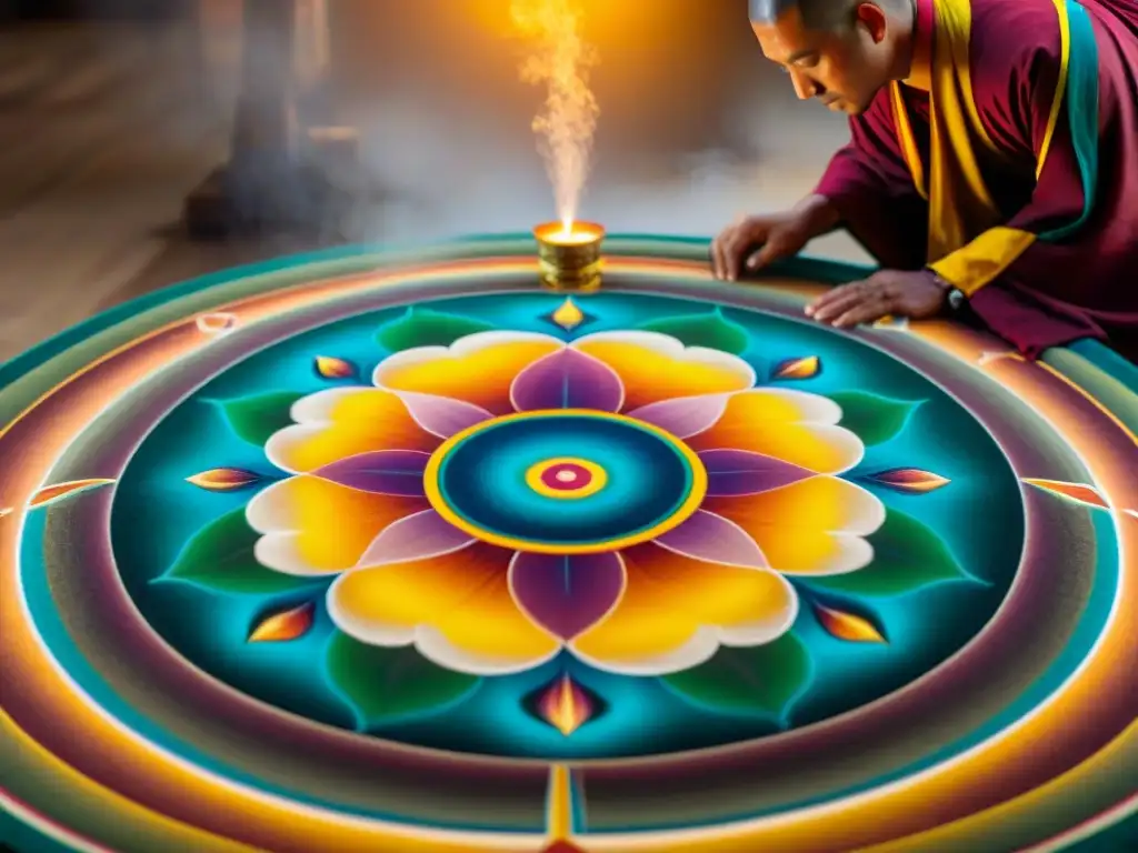 Monjes budistas tibetanos crean un intrincado mandala de arena, mostrando colores vibrantes y diseños detallados