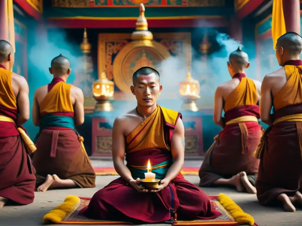 Monjes budistas tibetanos realizando un ritual de reencarnación en un templo iluminado con lámparas de mantequilla