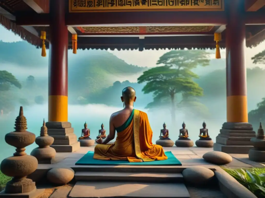 Monjes entonando un cántico ritual en un templo budista, rodeados de naturaleza serena