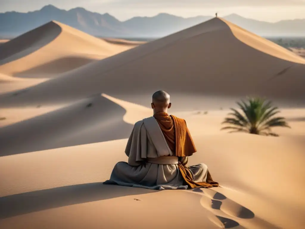 Monjes cristianos en el desierto meditan bajo el sol abrasador