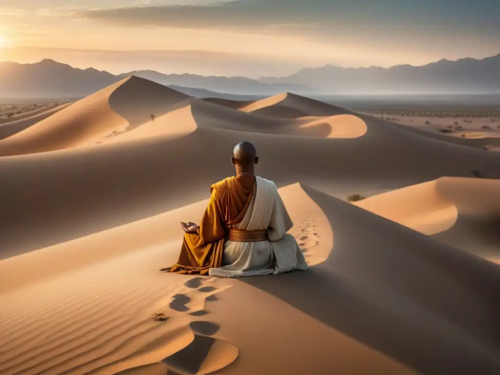 Monjes cristianos en meditación espiritual en civilizaciones antiguas, en un paisaje desértico al atardecer