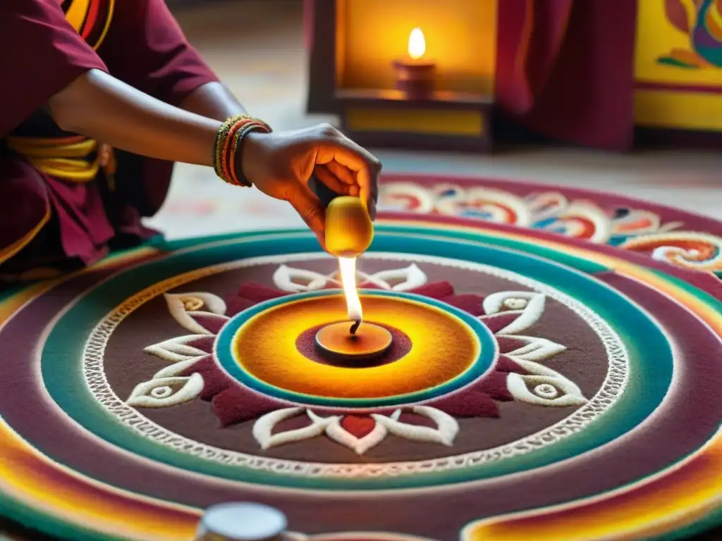 Monjes creando un detallado mandala budista de arena, reflejando devoción y riqueza cultural