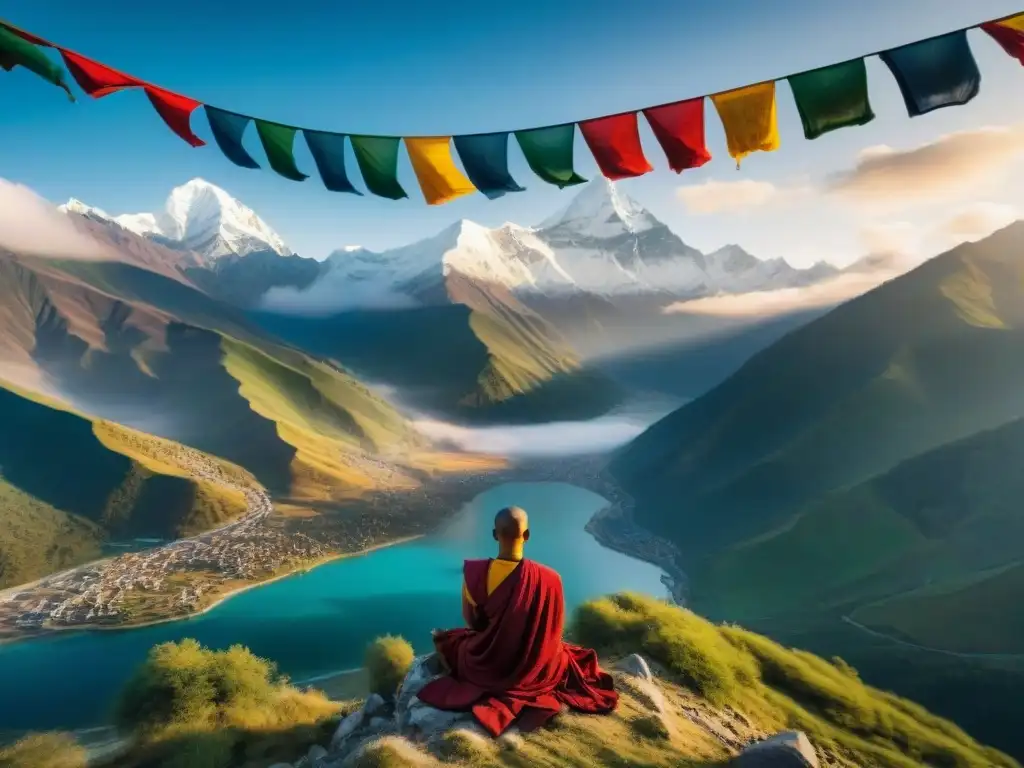 Monjes meditan junto al lago en las montañas del Himalaya al amanecer, con banderas de oración