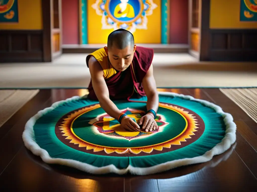 Monjes creando un mandala de arena tibetano en un templo iluminado tenue