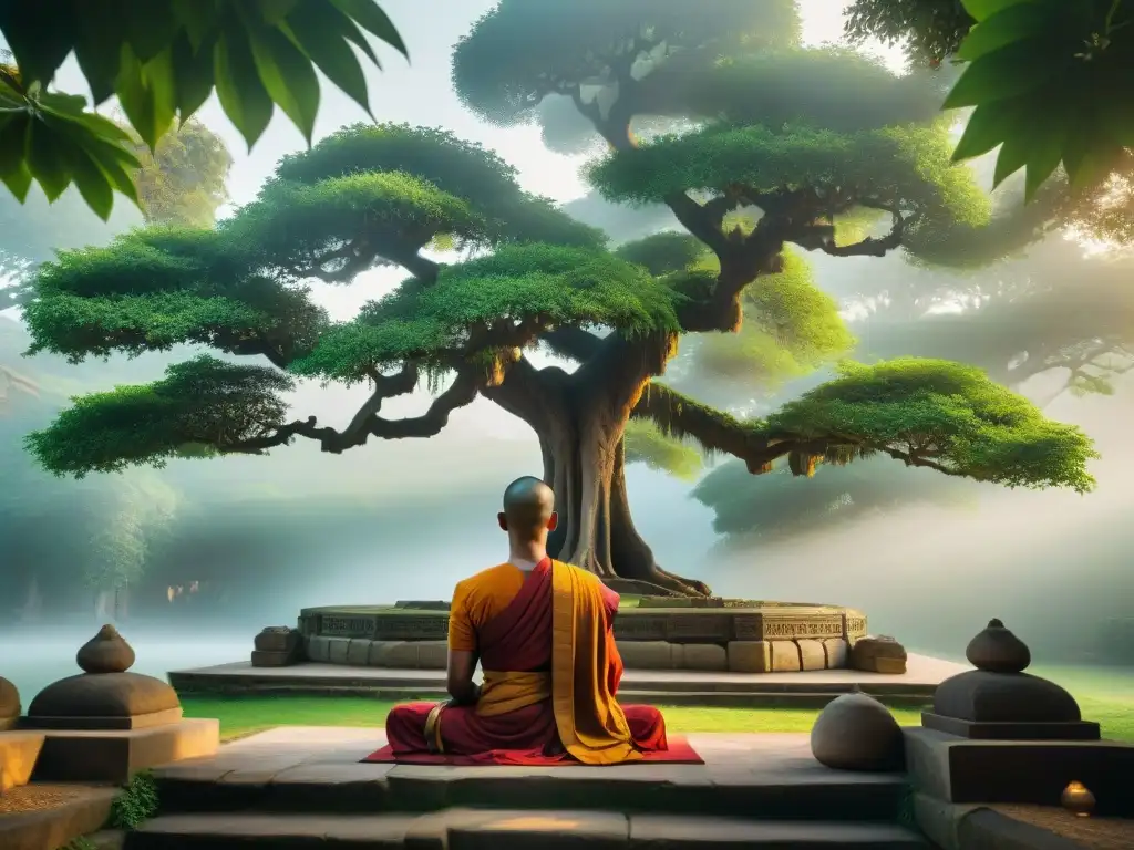 Monjes meditando en templo antiguo bajo árbol Bodhi, conectando pasado y presente con beneficios meditación mindfulness vida moderna