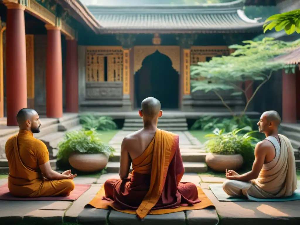 Monjes hindúes meditan en un templo antiguo, en un escenario de serenidad y conexión espiritual