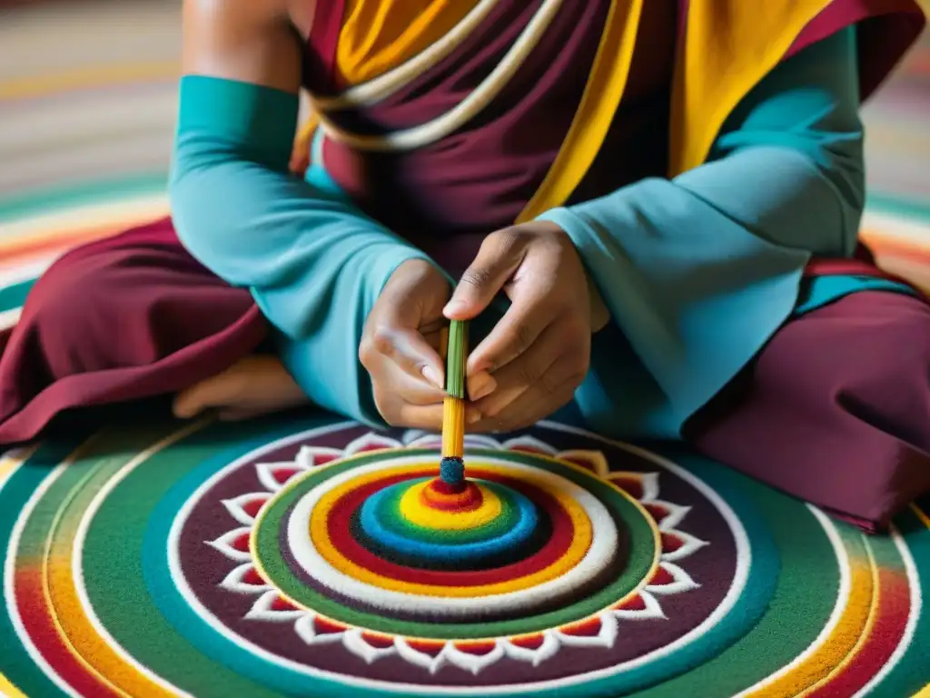 Monjes tibetanos crean mandala de arena, mostrando colores vibrantes y patrones intrincados que simbolizan la compasión y liberación en Budismo