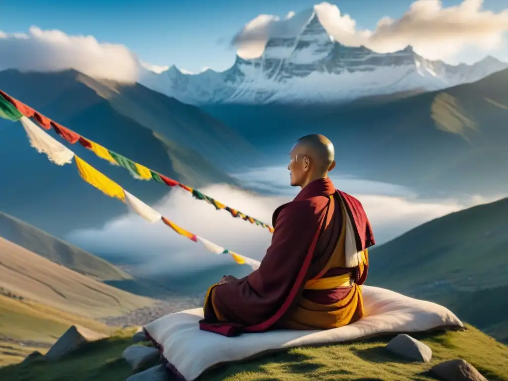 Práctica de meditación monjes tibetanos en la cima de la montaña, rodeados de neblina y banderas de oración