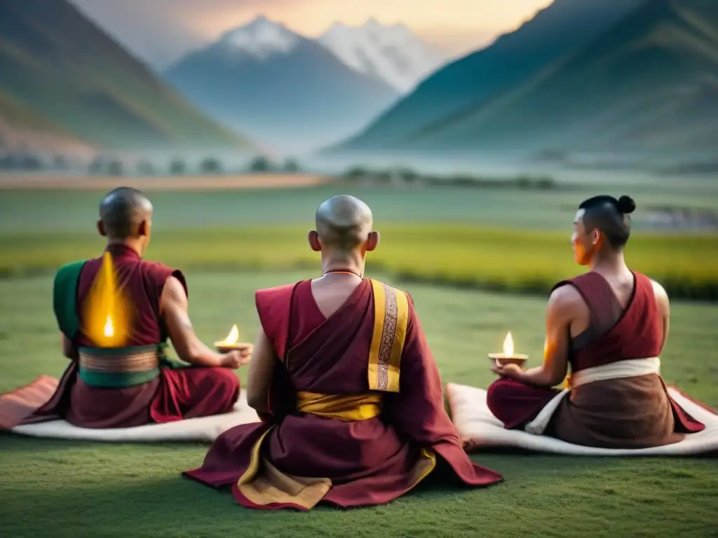 Práctica de meditación monjes tibetanos en círculo, en un prado verde con montañas nevadas alrededor, meditando al atardecer con velas encendidas