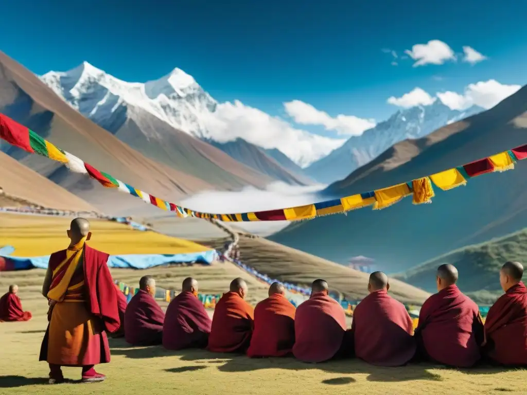 Monjes tibetanos en oración frente a un monasterio en los Himalayas, rodeados de banderas de rezos