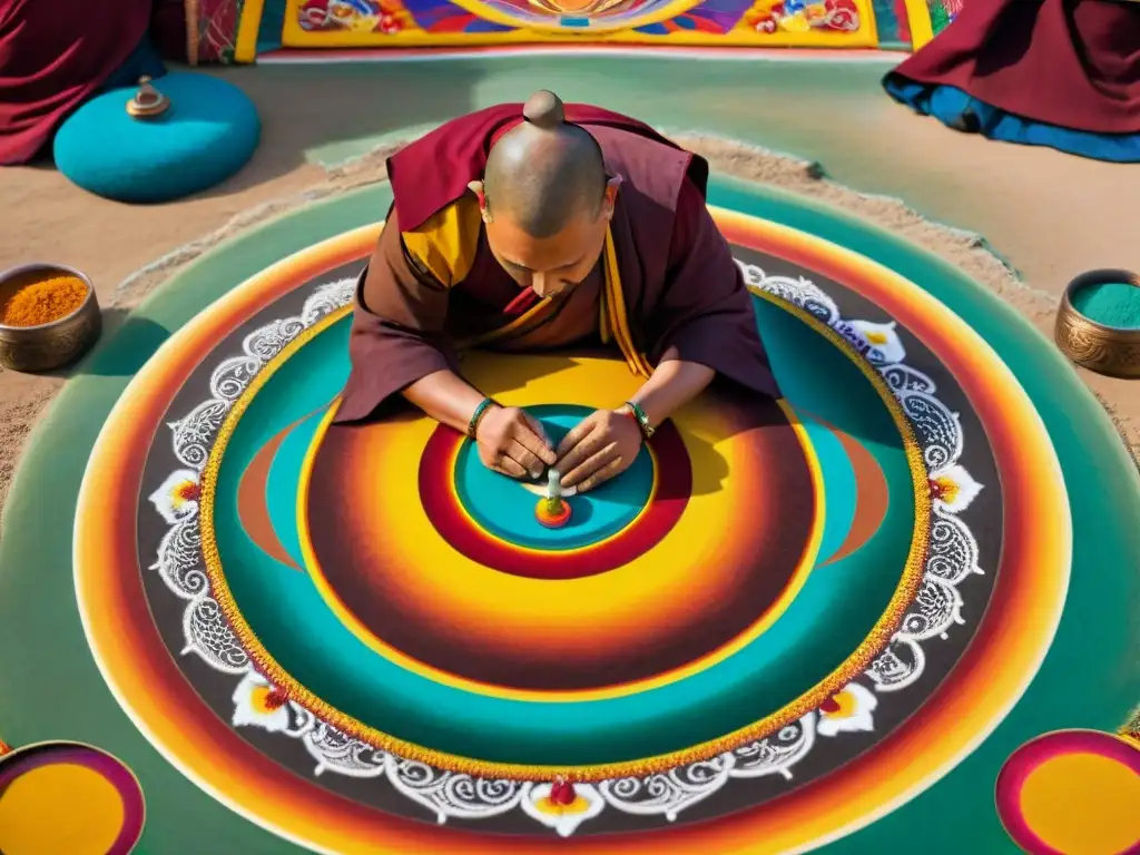 Monjes tibetanos creando mandala de arena con intensa concentración