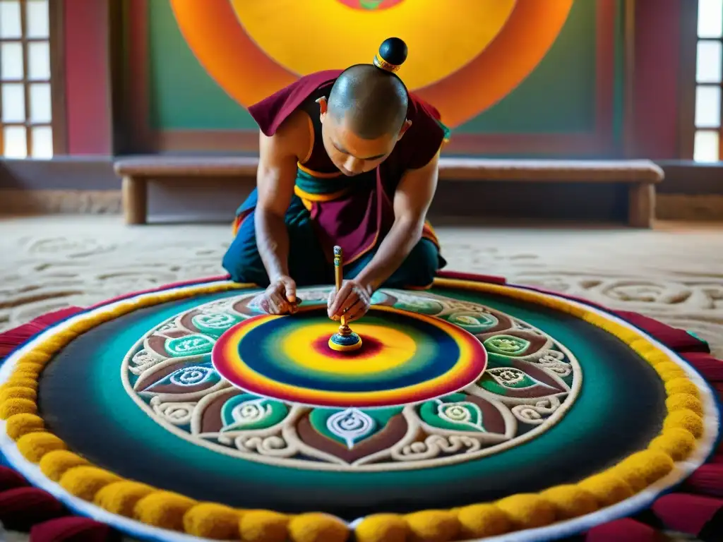 Monjes tibetanos crean un mandala de arena, mostrando símbolos budistas y enseñanzas profundas con precisión y devoción