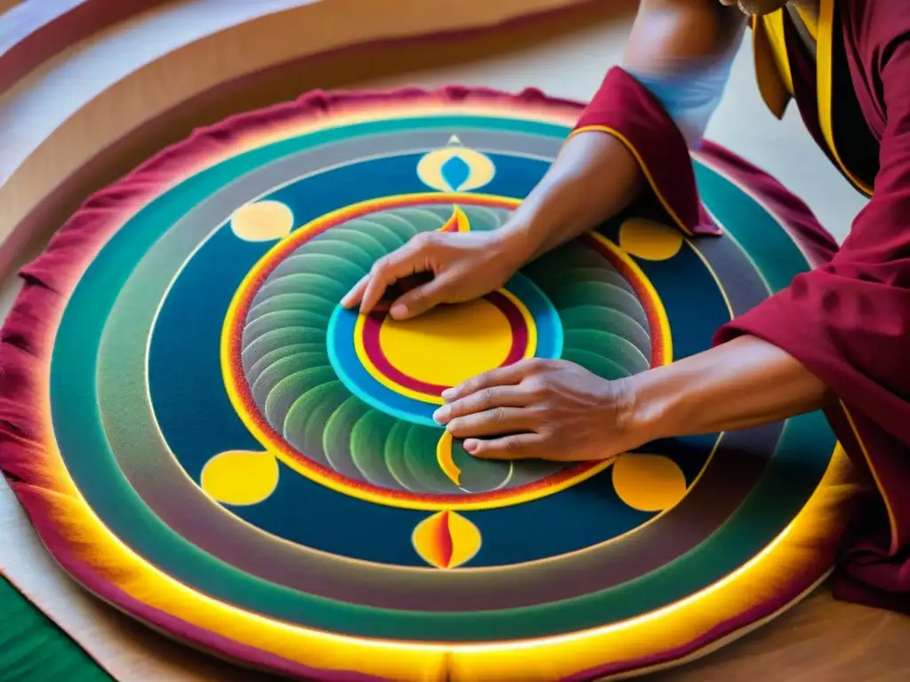 Monjes tibetanos creando mandala de arena con lenguaje sánscrito en tradición budista