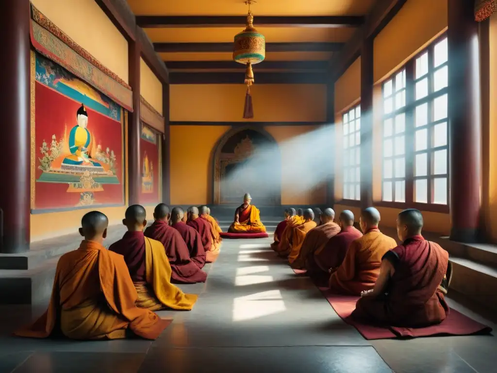 Monjes tibetanos en meditación profunda, iluminados por luz tenue en monasterio