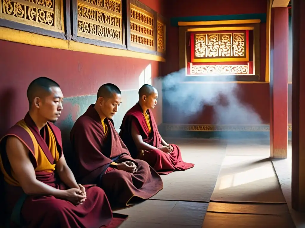 Monjes tibetanos en meditación profunda, rodeados de lámparas y aromas, en un monasterio iluminado, transmitiendo paz interior en el Tíbet