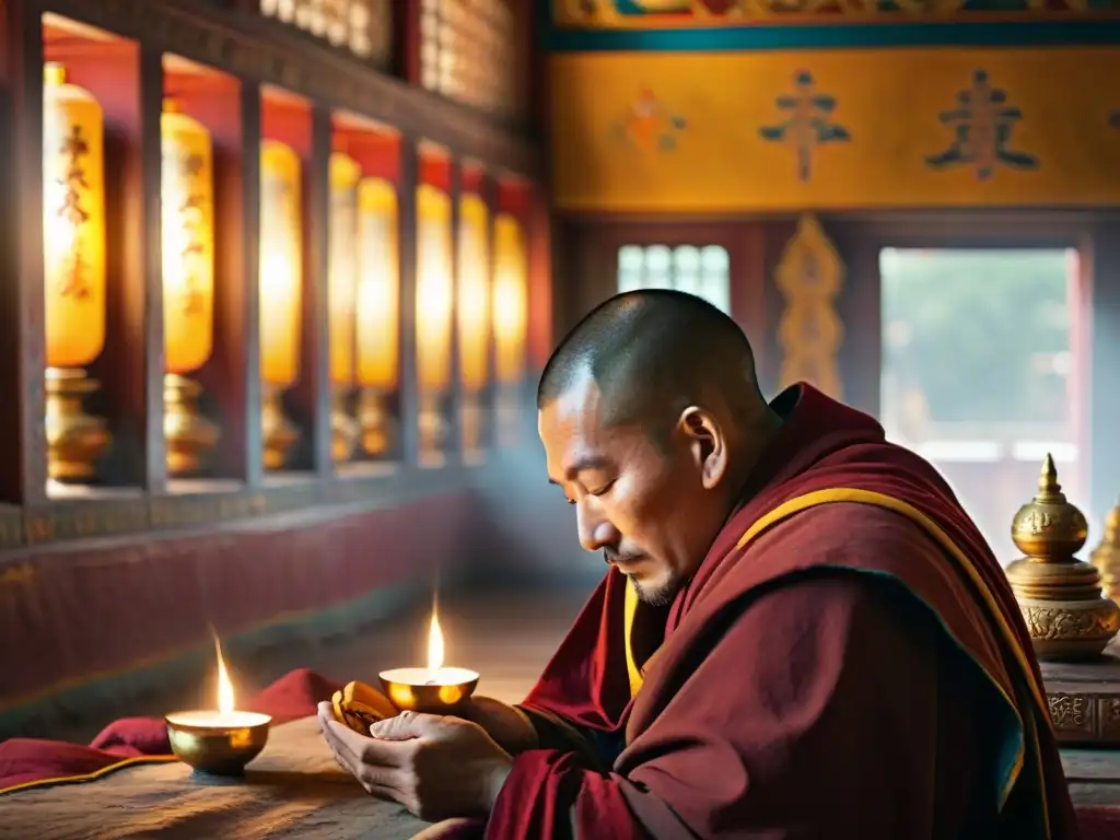 Monjes tibetanos en profunda oración en un monasterio iluminado por lámparas de mantequilla, rodeados de sabiduría y objetos rituales