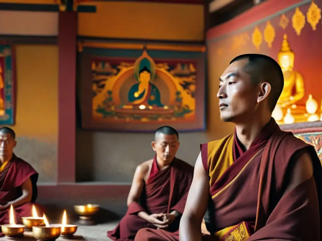 Práctica de meditación monjes tibetanos en un monasterio iluminado por lámparas de mantequilla, rodeados de tapices budistas