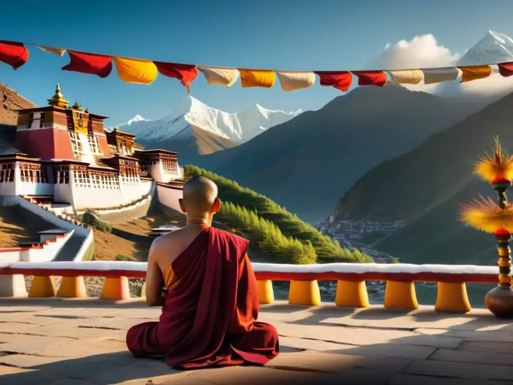 Monjes tibetanos meditan en un monasterio sereno entre montañas nevadas al atardecer, transmitiendo paz y conexión espiritual