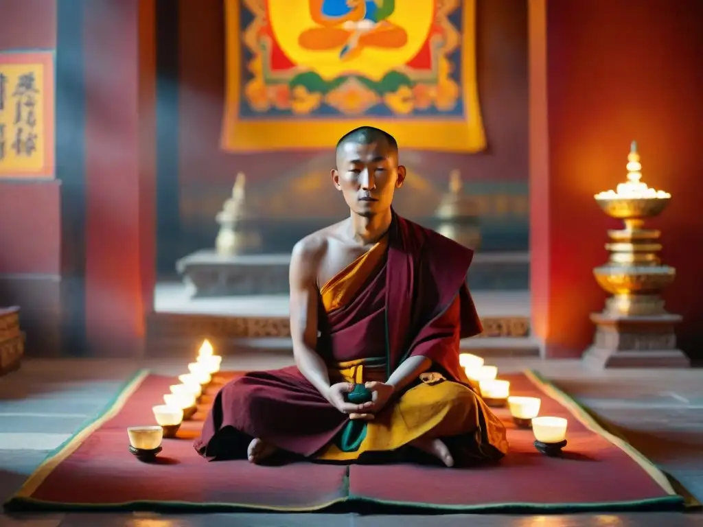 Práctica de meditación monjes tibetanos en un monasterio vibrante, iluminado por lámparas de mantequilla