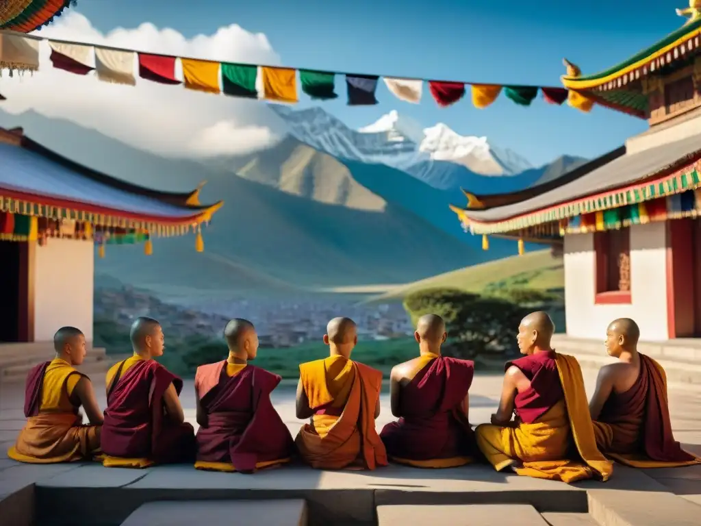 Práctica de meditación monjes tibetanos en patio soleado entre templos antiguos y picos del Himalaya