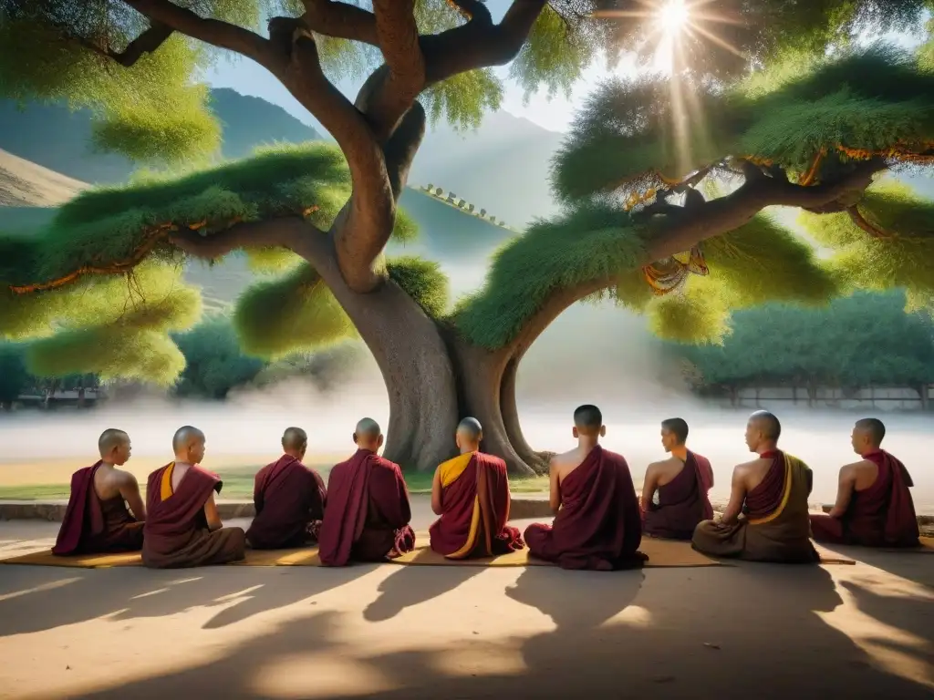 Práctica de meditación: monjes tibetanos en paz bajo un árbol ancestral, con banderas de oración ondeando suavemente