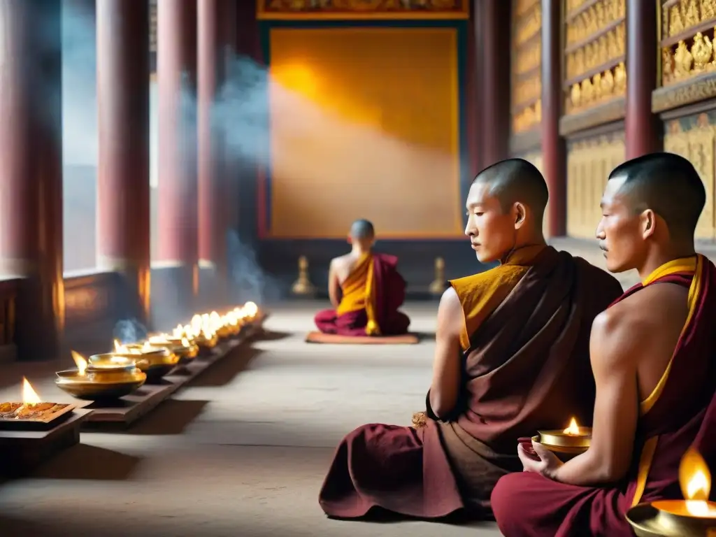 Monjes tibetanos meditan en un salón ornado, iluminados por lámparas de mantequilla de yak