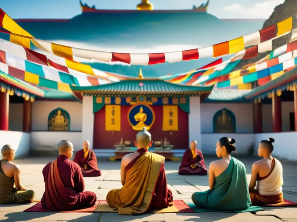 Práctica de meditación monjes tibetanos en tranquilo patio de monasterio con banderas de oración