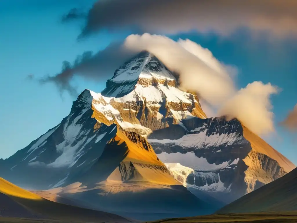 Monte Kailash envuelto en misterio espiritual al amanecer, entre nubes y rayos dorados, ondean banderas de oración