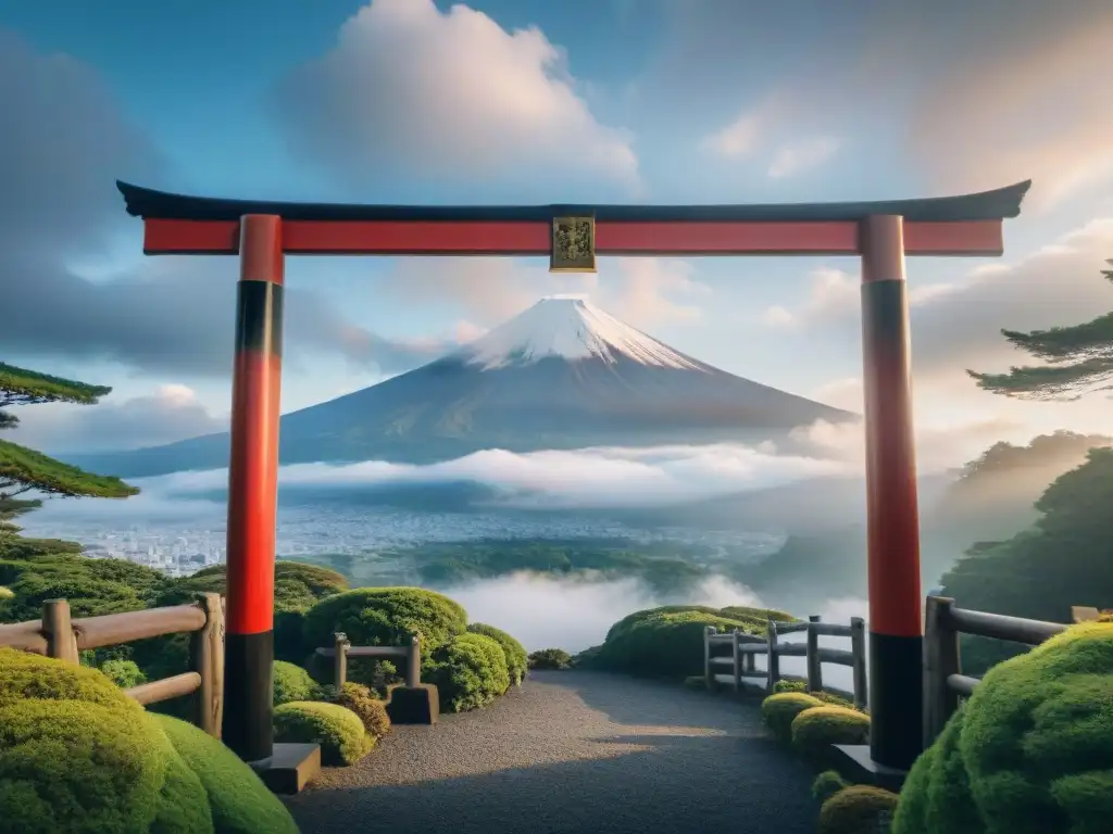 Un Monte Fuji legendario se eleva entre niebla, con un torii y vegetación exuberante, evocando espíritus y dioses