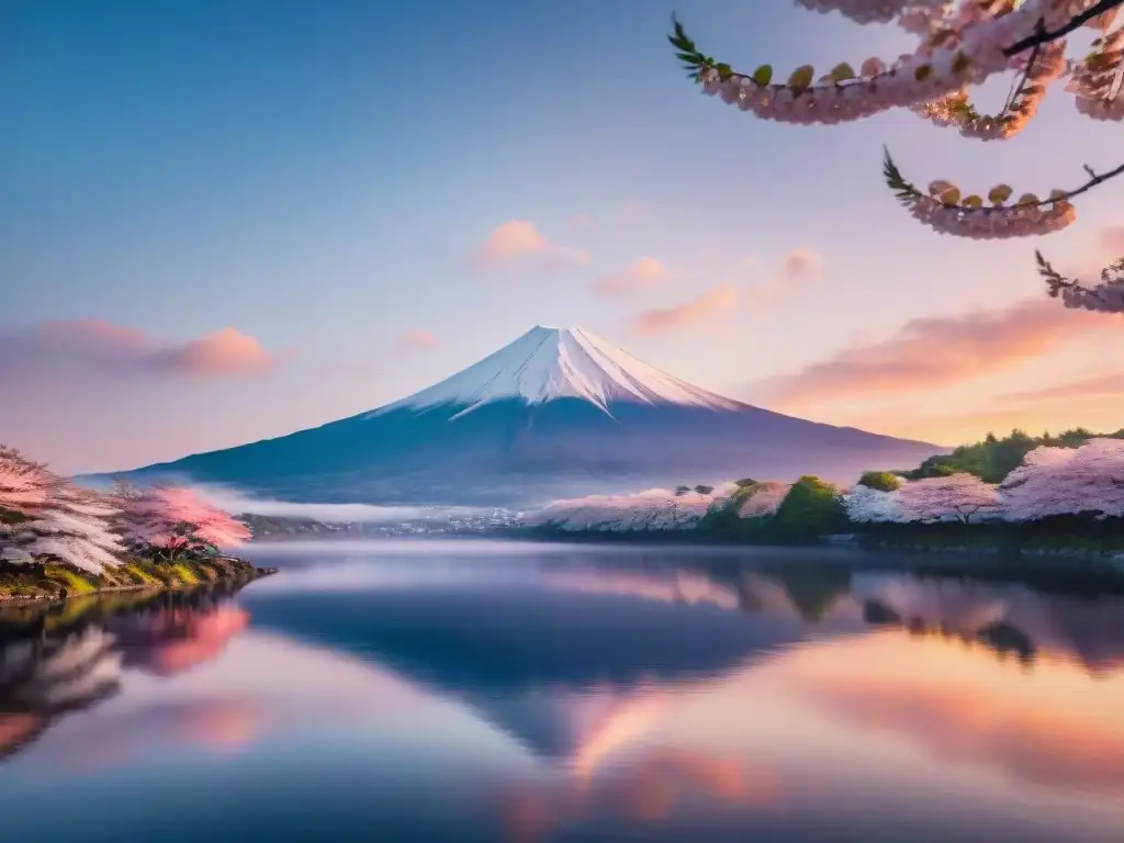 El Monte Fuji se eleva majestuoso al amanecer, reflejándose en un lago sereno, rodeado de naturaleza y cerezos en flor