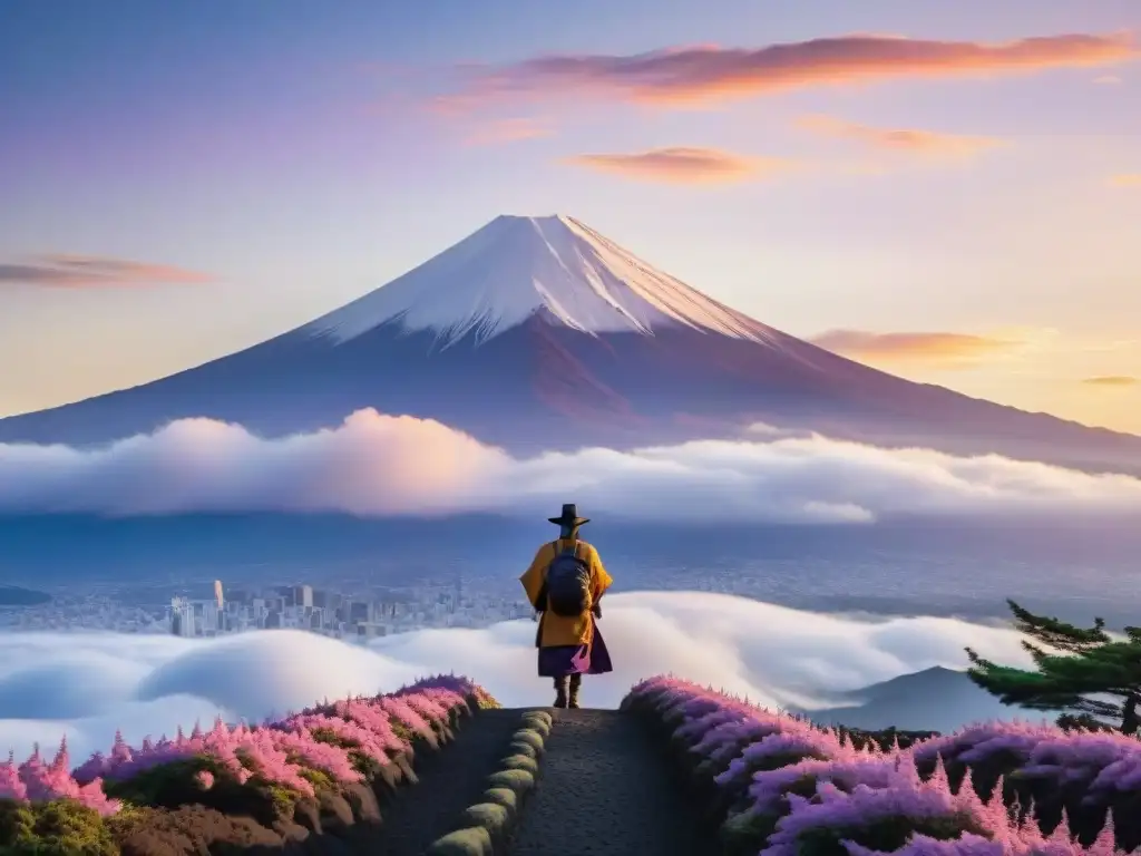 El Monte Fuji se alza majestuoso al amanecer, con peregrinos ascendiendo en un paisaje místico de leyendas y espíritus