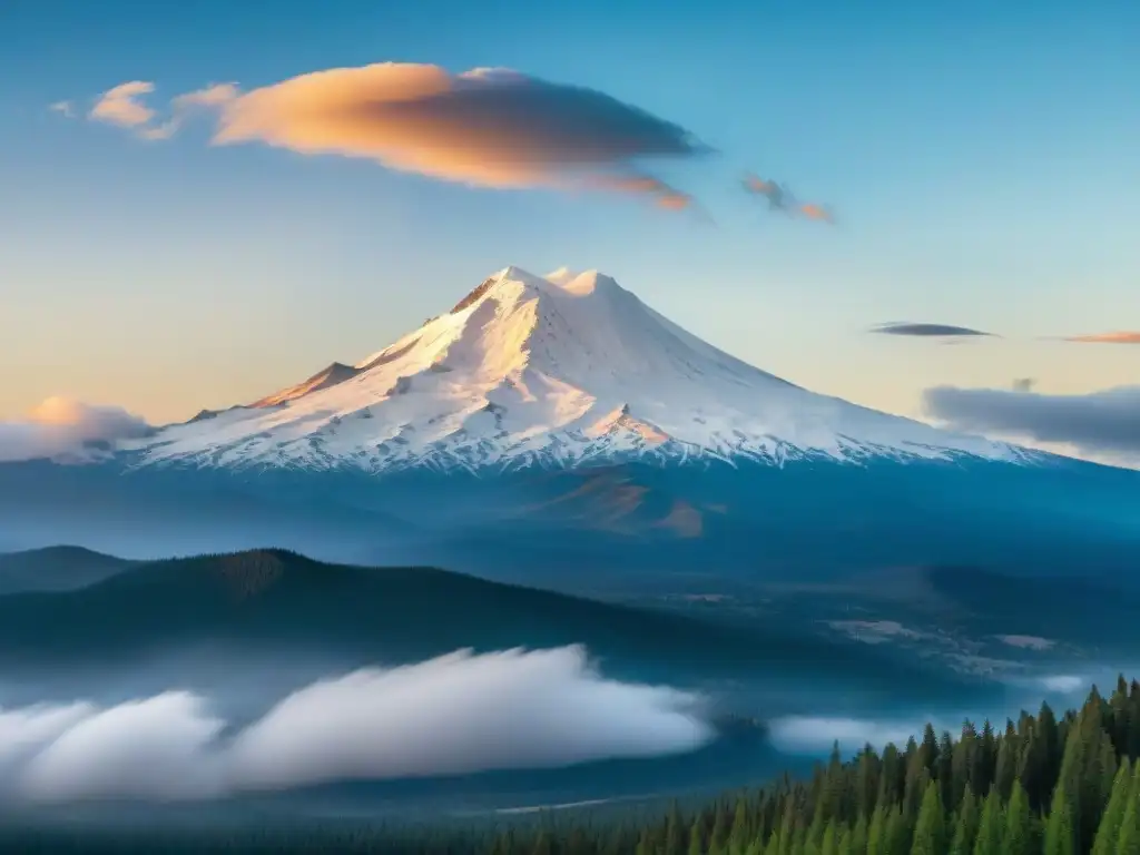 Monte Shasta vórtice energético: cumbre nevada brillando bajo el sol, rodeada de bosques verdes y nubes místicas