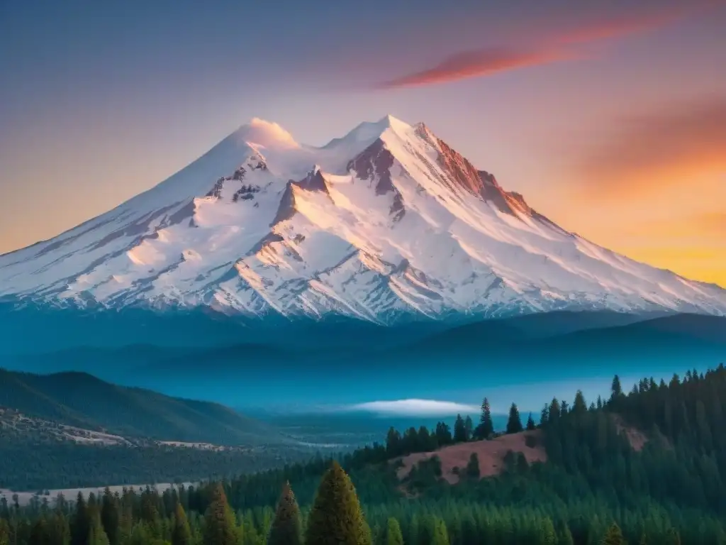 Monte Shasta majestuoso al atardecer, con detalles nevados y bosque verde