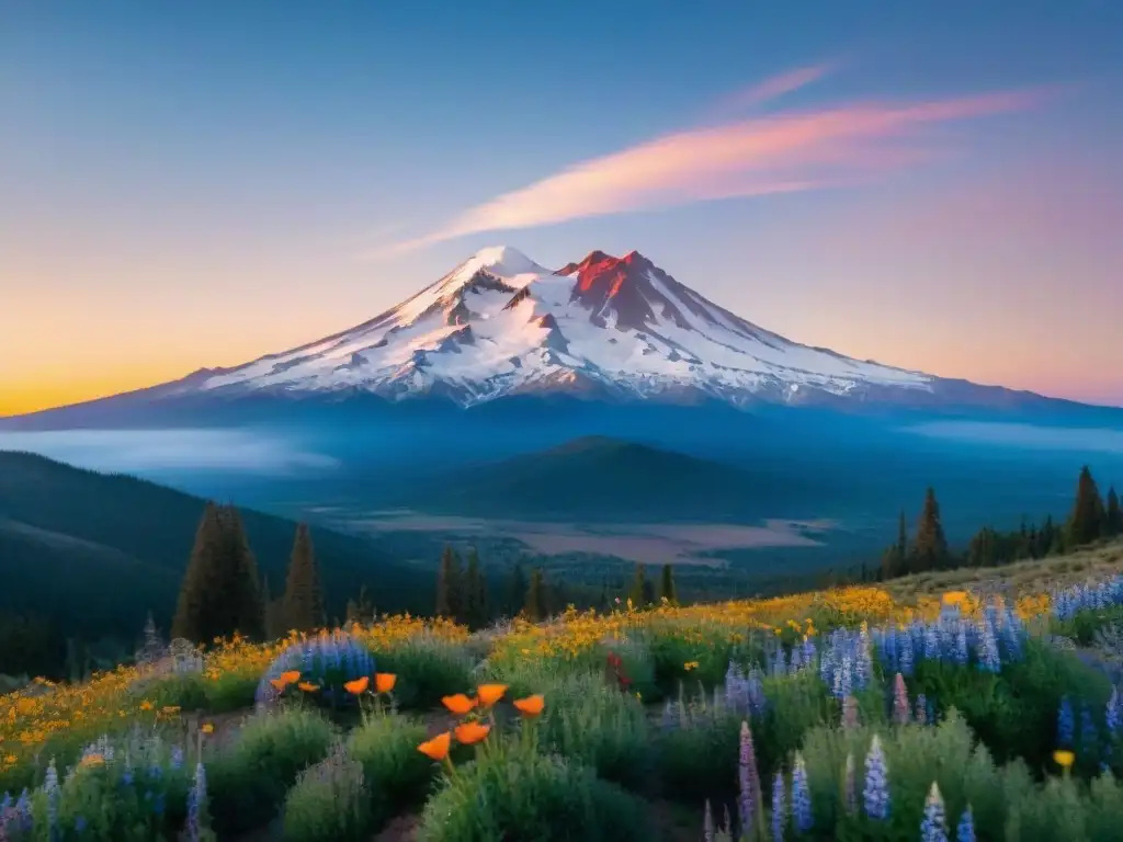 Monte Shasta majestuoso y misterioso al atardecer, con secretos espirituales y aura mística