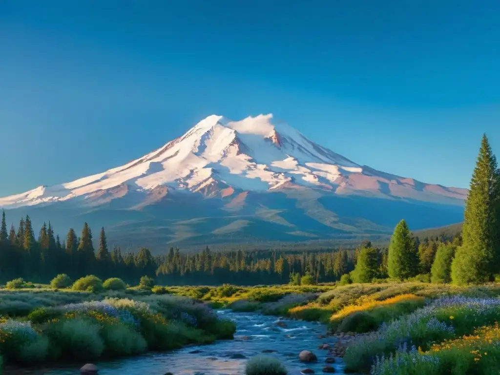 Monte Shasta vórtice energético: majestuoso pico nevado brillando bajo el sol, rodeado de naturaleza exuberante y serenidad