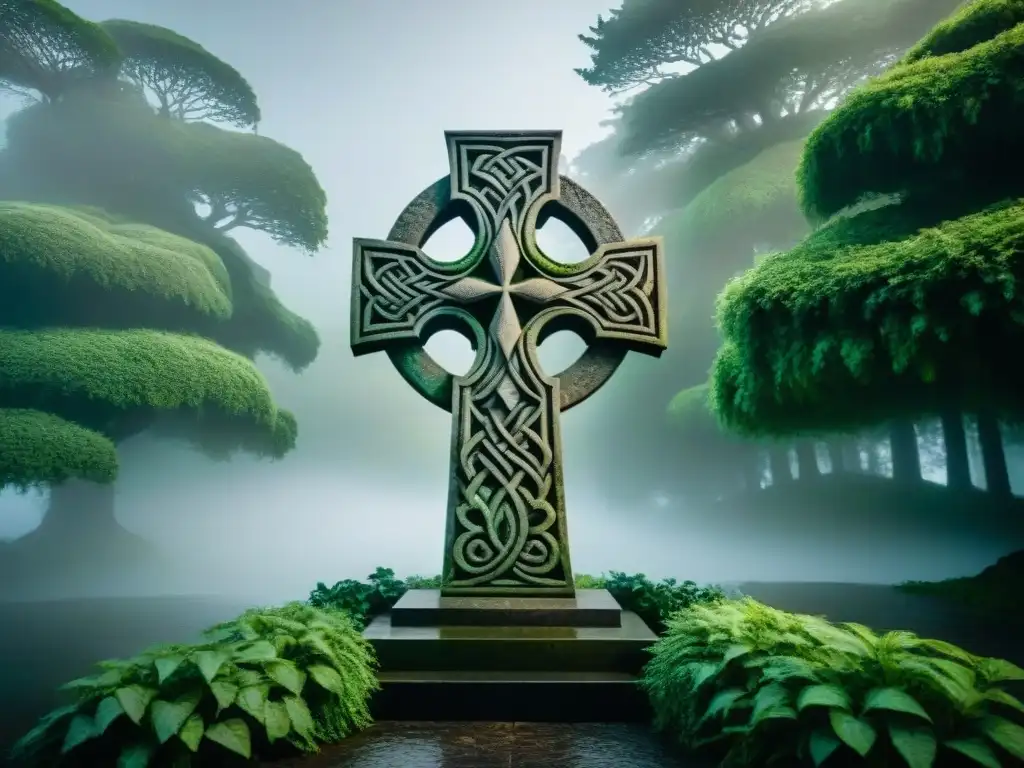 Monumento de piedra con cruz celta entre vegetación y neblina, fusionando paganismo y cristianismo