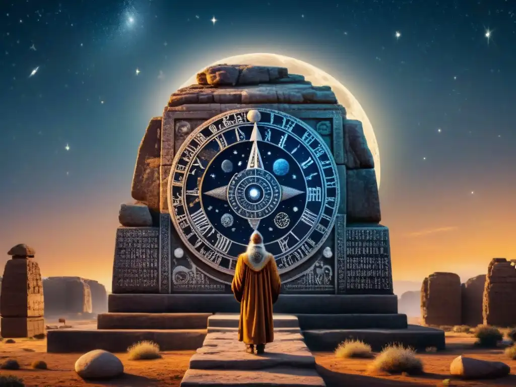 Monumento ancestral: Calendario lunar en la noche estrellada Monumento de piedra con calendario lunar de civilizaciones antiguas bajo un cielo estrellado