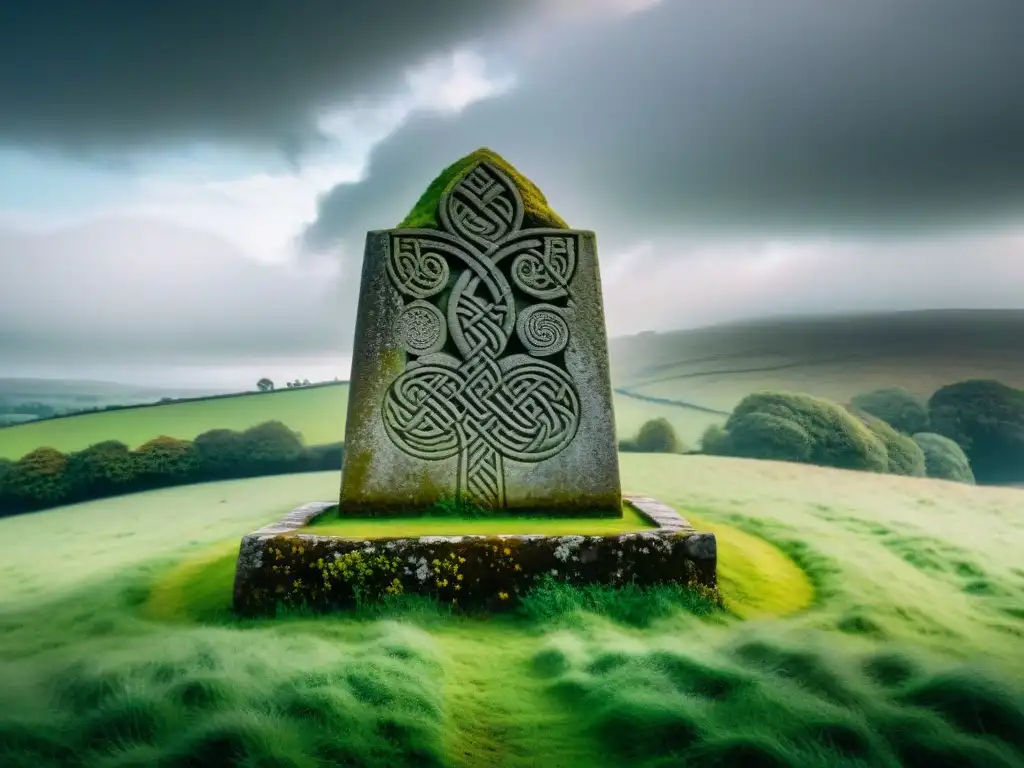 Monumento de piedra celta tallado con nudos y símbolos, en un campo verde bajo un cielo nublado