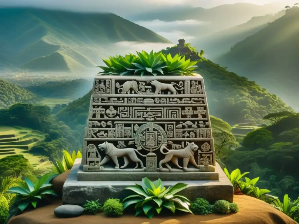Monumento de piedra Zapoteca: símbolos antiguos y naturaleza Monumento de piedra tallada con glifos zapotecas rodeados de maíz, jaguares y templos, iluminados por el sol