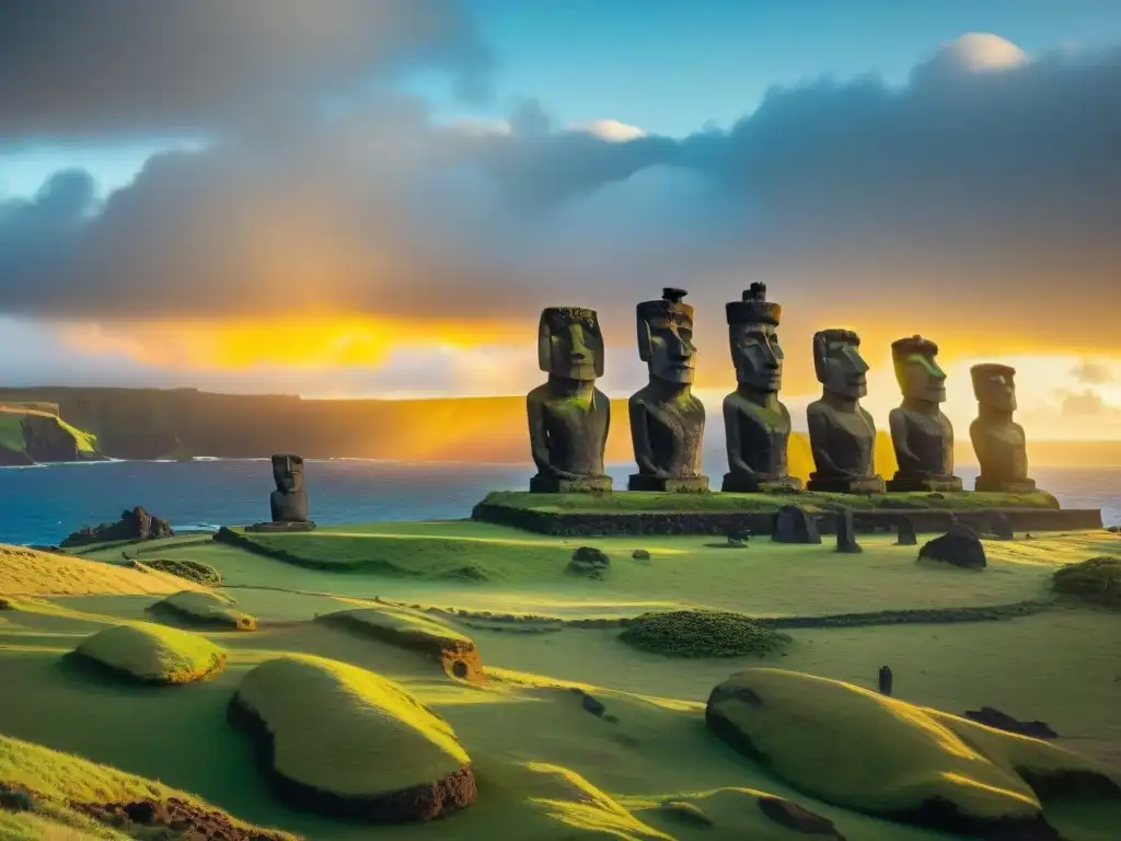 Monumentos ancestrales de Rapa Nui iluminados por un atardecer vibrante