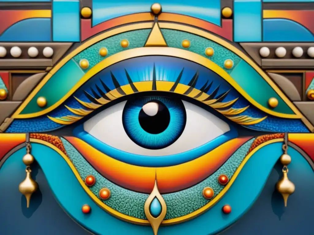 Un mosaico antiguo y detallado del símbolo del ojo que todo lo ve, rodeado de iconografía religiosa y cultural de todo el mundo
