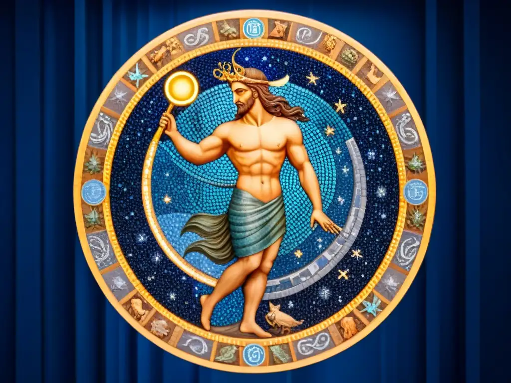 Mosaico celestial de dioses griegos y signos zodiacales iluminados por astros