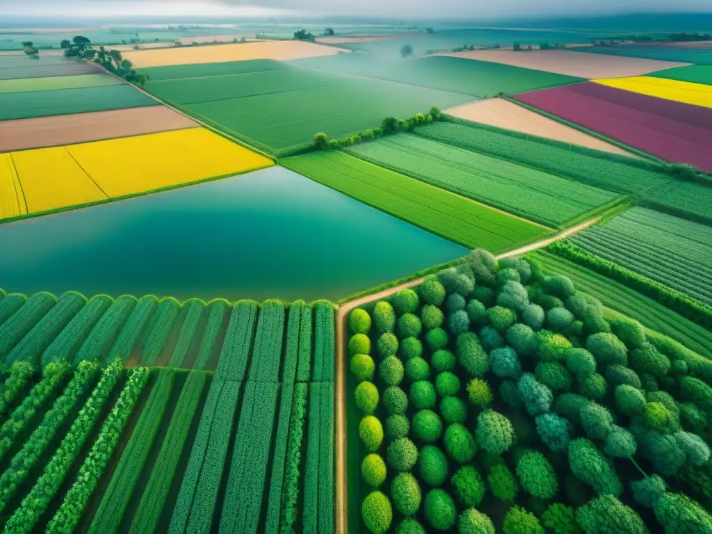 Un mosaico de cultivos vibrantes bajo la influencia mística de Neptuno, en campos verdes con sistemas de riego